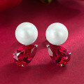 wholesale Metal material first: new style 8*12 pigeon blood red set with 10mm pearl earrings, fashionable and versatile ear accessories for women-0-5