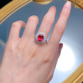 wholesale S925 Silver Pigeon Blood Red Simulated Diamond 8*10 Oval Ring Cluster Floral Wedding Band-0-3