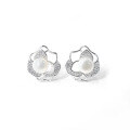 wholesale Retro Korean-style 925 silver natural freshwater 6A pearl rose flower earrings with 3D camellia design-0-4