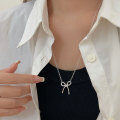 wholesale S925 Sterling Silver OT Buckle Bow Long Pendant Necklace for Women, Korean Spring and Summer New Arrival, Minimalist Design Sense Sweater Chain-0-3