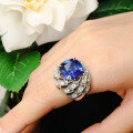 wholesale 925 Silver Gold-Plated Ring with High-Carbon Diamond and Royal Blue GRC Lab-Grown Sapphire Cushion Cut Luxury Jewelry for Women-0-2
