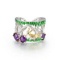 wholesale 925 Sterling Silver Original Natural Gemstone Ring for Women, Small Deer Call Design, Non-Tarnish Adjustable Ring-Yoyo Luming Amethyst Ring Adjustable opening