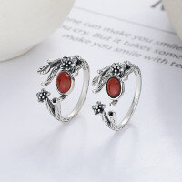 wholesale S925 Silver Vintage Tree Bark Pattern Flower Red Agate Rustic Creative Trendy Adjustable Ring-YFJ1153/matt finish about 4.4g opening adjustable