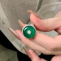 wholesale S925 Sterling Silver High-Carbon Diamond New Chinese Style Series Chalcedony Green Jade Safety Buckle Ring-R1162 Peace Ring Size 9