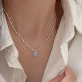 wholesale S925 Sterling Silver with Blue Zircon Heart Necklace for Women, Minimalist and Elegant, Versatile Small Silver Bead Collarbone Chain-0-2
