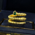 wholesale S925 Silver Gold Plated 3*4mm Simulated Emerald Snake-shaped Zircon Women's Brushed Ring-0-3