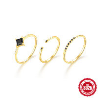 wholesale S925 Sterling Silver Geometric Black Diamond Zircon Ring Set for Women, Three-Piece Stackable Dark Style-Set of 3 - Gold No. 7