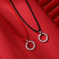 wholesale Pure Silver Chinese Trend Style Matching Couple's Peace Knot Necklace, Woven Red Cord Necklace with Circular Loop and Heart Pendant, Free Engraving-Women's Red 925 Silver