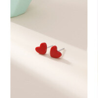 wholesale S925 Sterling Silver Small Red Heart Earrings for Women, Minimalist Korean Style, Dainty Ear Piercing Red Heart Stud Earrings-Red Heart Earrings-with Plastic Earplugs 925 Silver