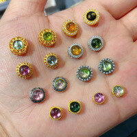 wholesale S925 Gold Plated Silver Natural Tourmaline Round Bead with Hole Bracelet String DIY Accessory Semi-finished New Design-Tourmaline Beans