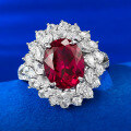 wholesale S925 Silver Pigeon Blood Red Simulated Diamond 8*10 Oval Ring Cluster Floral Wedding Band-0-1