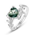 wholesale S925 Sterling Silver European and American Style Fashion Light Luxury Green Moss Ring for Women, Adjustable Aquatic Agate Heart-Shaped Finger Ring, Cross-Border Hot Seller-0-4