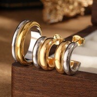 wholesale S925 Sterling Silver and Gold Plated Double-tone Circle Earrings and Rings Set, Light Luxury Heavy Duty Unisex Hip-hop Jewelry-Ring inner diameter 18mm 925 silver