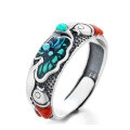wholesale S925 Sterling Silver Retro Vintage Drip Glaze Matte Craft Lotus Koi Ethnic Style Adjustable Ring-0-4