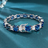 wholesale 925 Silver New Jewelry Fashion Simulated Diamond 7*7 Ice Flower Blue Diamond Bracelet for Women Elegant and Luxurious-B070 Blue Diamond Bracelet>16cm