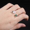 wholesale S925 Sterling Silver Natural Freshwater Pearl Ring for Women, Adjustable Opening, Fashionable and Lightly Luxurious Natural Green Agate Ring-0-1