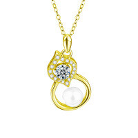S925 Sterling Silver Moissanite Gourd Pendant Necklace with Freshwater Pearls-Gourd-shaped pearl necklace (gold)  50-point moissanite (7mm bread beads)
