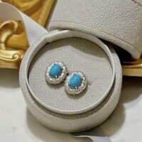 wholesale S925 Sterling Silver Light Luxury Fashion Old Money Style Brushed Process Crystal Diamond Carved Oval Blue Turquoise Ear Studs Earrings for Women-Platinum 925 silver