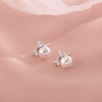 925 Sterling Silver French Bow Pearl Earrings, Elegant and Versatile.-Bow Pearl Earrings  925 Silver