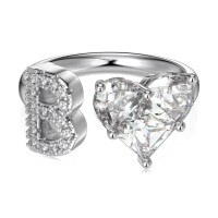 wholesale S925 Sterling Silver European and American Cross-Border Women's Ring with Personalized Letters, Heart, Zircon Inlaid, Adjustable Opening Silver Jewelry for Women-Platinum DY121150-SW-WH(B) Adjustable opening