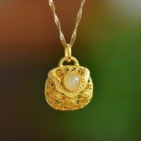 wholesale 925 silver gold-plated metal material New Chinese style Hetian jade pendant necklace with hollow filigree, includes certificate, antique jade pendant with handbag-Gold pendant (without chain)  925 silver
