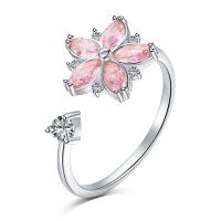 wholesale S925 Sterling Silver Euro-American Cross-Border INS Style Diamond-Inlaid Peach Blossom Stress-Relief Rotating Series Versatile Design Women's Ring-Platinum DY120853-SW-BF Adjustable opening