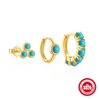 wholesale S925 Sterling Silver Turquoise Versatile Hoop Earrings and Stud Set, Women's French Style INS Earrings-3-piece set - gold 925 silver