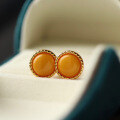 wholesale S925 silver inlaid natural aged beeswax amber chicken oil yellow earrings with 10mm bare stone size-0-5