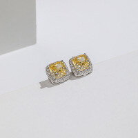 wholesale 925 Sterling Silver Geometric 3D Micro-Pave Ice-Cut High-Carbon Diamond Stud Earrings-Yellow Diamond Earrings 925 Silver