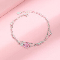 wholesale S925 Sterling Silver Cherry Blossom Double Layer Bracelet for Women, Simple and Fresh, Small and Unique Design, Exquisite Butterfly Hand Accessory-Double Pink Diamond Cherry Blossom Bracelet 925 Silver