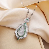 wholesale Metal Pendant Nouveau Chinese Style Gourd Chalcedony Necklace Women Elegant Temperament Fashion Niche Sense High-end Cross-border Hot Selling Collarbone Chain-xb813-white jade gourd necklace with green diamond