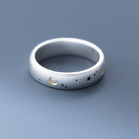 wholesale S925 Sterling Silver Frosted Moon Star Ring, Ethereal and Minimalist Design Sense Hand Accessory R01737-S925 Silver Ring US Size 8