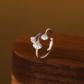 wholesale S925 Sterling Silver "Three Lives with Apricot" Ginkgo Leaf Plain Silver Ring, Fashionable Niche Design for Daily Wear-0-5