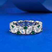 wholesale Sterling silver oval-shaped row ring with synthetic green spinel and high-carbon diamond-cut green stones-R1161 White and Green Ring No. 9