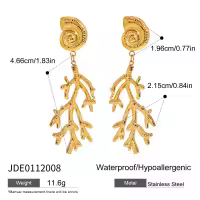 wholesale 18K Gold Stainless Steel Ocean Style Ribbed Shell Hammered Coral Drop Earrings-JDE0112008
