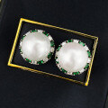 wholesale 925 silver metal material, Mu Jing Jewelry emerald set with 12mm pearl ear studs, European and American women's earrings and ear clips-0-3