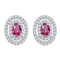 wholesale S925 Sterling Silver Cross-Border New Oval Stud Earrings, European and American Fashion Full Row of Zirconia Diamond Stud Earrings, High-End Wholesale-Pink [October]>925 silver