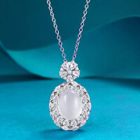 wholesale S925 Silver New Necklace Inlaid with Natural Water Foam Jade High Ice 8*10 Cabochon Chalcedony Pendant, Hot Selling Live Broadcast Drop Shipping-N360 White Jade Egg Necklace 925 Silver