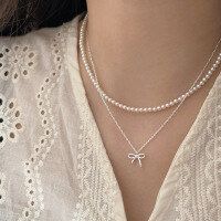 wholesale S925 Sterling Silver Light Luxury Pearl Bow Double Layer Stackable Necklace for Women, Korean Summer Versatile Collarbone Chain-Bowknot + Pearl Set
