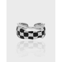 wholesale S925 Sterling Silver 118 Korean Version Ins Small Design Sense Minimalist Irregular Checkerboard Textured Open Ring for Women-Platinum [Black Epoxy] &gt; Opening adjustable