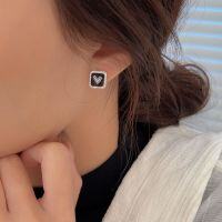 wholesale S925 sterling silver black drip enamel square heart earrings for women, new trendy sleep-friendly earrings-Sterling silver