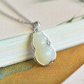 wholesale 925 silver Chinese palace cheongsam Hanfu necklace with Hetian white jade Fu character inlaid gourd pendant-0-3