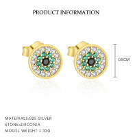 wholesale 925 Sterling Silver Demon's Eye Ear Studs with Micro-Set Zirconia, Unique Women's Earrings-YE0192_Colored zirconium_18K yellow plating_Swimming paint_Palladium base_With small flower ear cap