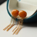 wholesale S925 Silver Vintage Natural Old Amber Beeswax Mustard Yellow Amber Earrings with Tassels, High-End-0-2