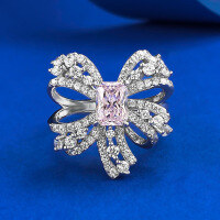 wholesale S925 Sterling Silver Luxury Pave-Set Vintage Pink Diamond Ring with New Bow-Shaped Simulated High-Carbon Diamonds-R314 Pink Diamond Ring  Size 6