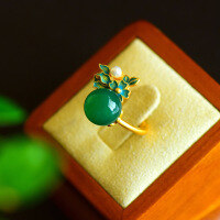 wholesale 925 Sterling Silver Gold-Plated Green Chrysoprase Ring with Cold Enamel Floral Palace-Style Openable Adjustable Women's Ring-Gold 10mm beads &gt; opening adjustable