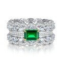 wholesale S925 Sterling Silver Women's Green Diamond Inlaid European and American Luxury Geometric Double Row Full Diamond Ring Wholesale and Drop Shipping-0-5