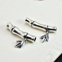 wholesale 925 Sterling Silver Bamboo Joint Bent Tube DIY Accessories Vintage Distressed Artistic Braided Cord Bracelet Charms Red Thread Anklet Pendants-Bamboo thin single