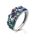 wholesale S925 silver ethnic-style enamel-filled resin lotus and koi hollow elegant open ring for women-0-4