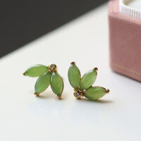 wholesale 18k gold-plated sterling silver natural bright green jade clover earrings with fine texture and vibrant color-Jade Clover Earrings 925 Silver